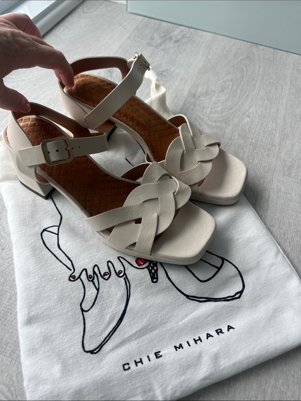 Chie Mihara Ivory Braided Leather Block Heel Sandals NWT
